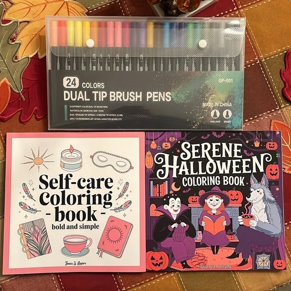Brand New 24-Color Dual Tip Brush Markers Pen Set & Self-Care Coloring Books - Picture 1 of 16